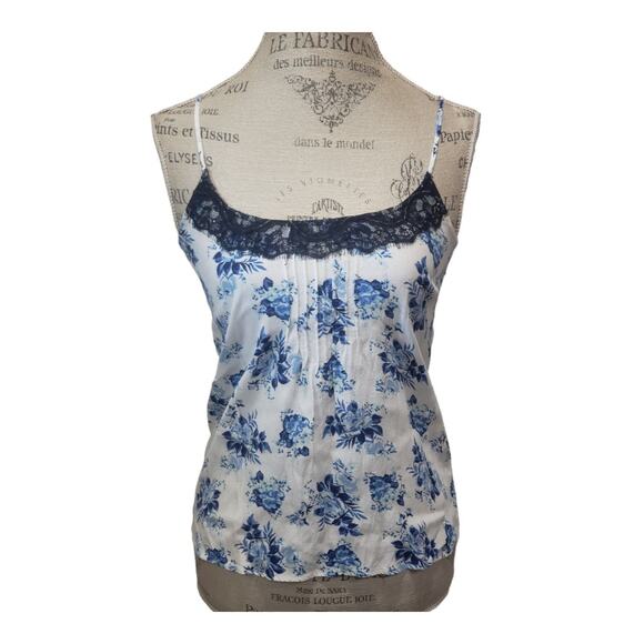 LC Lauren Conrad Blue Lace Floral Print Spaghetti Strap Tank Top Shirt - Picture 1 of 8